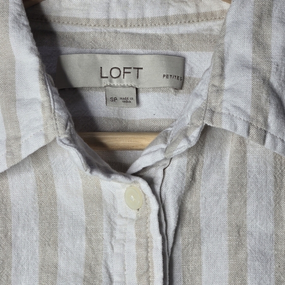 Loft Petites Striped Tie Front Linen Blend Button Up Shirt Beige White Size SP - Picture 6 of 11